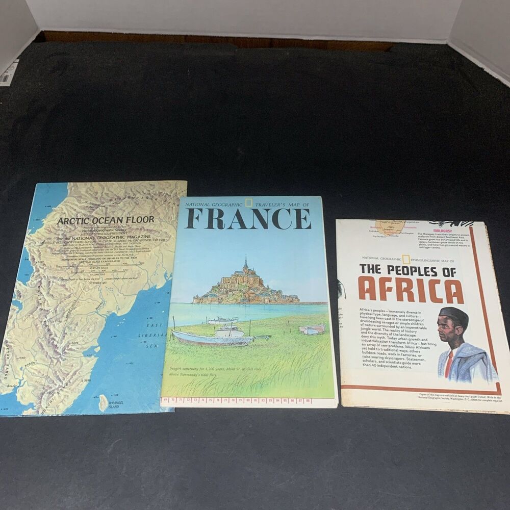 National Geographic lot of three maps Arctic Ocean floor France Africa
